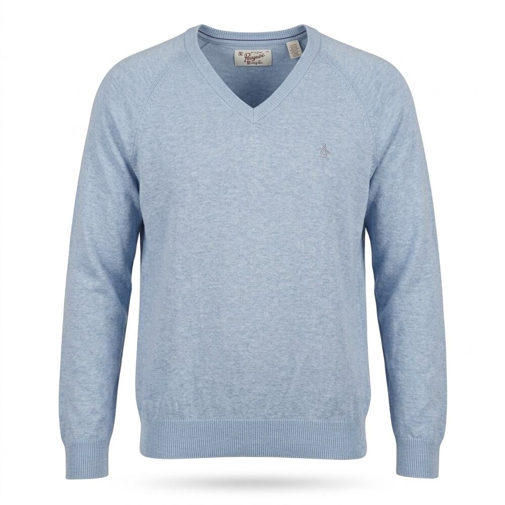 Original Penguin Blue Embroidered V-Neck Collared Knit Sweater Men Size XXL